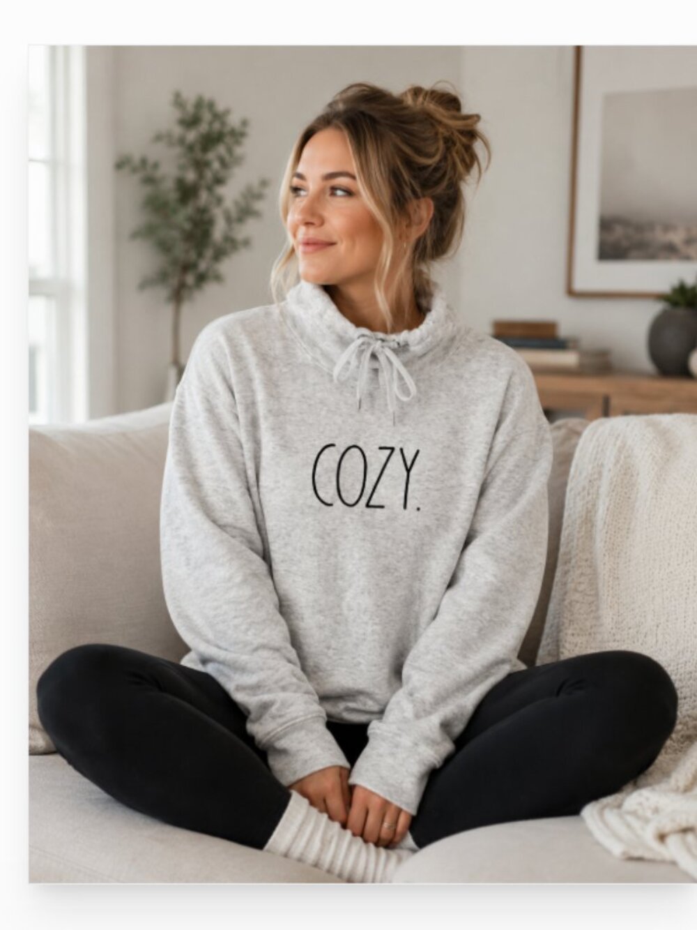 Rae Dunn "cozy" graphic mock tie neck heather grey NWT sweatshirt size XS